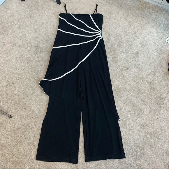 Joseph Ribkoff black draped white trim asymmetrical jumpsuit Sz 12 - Picture 2 of 13
